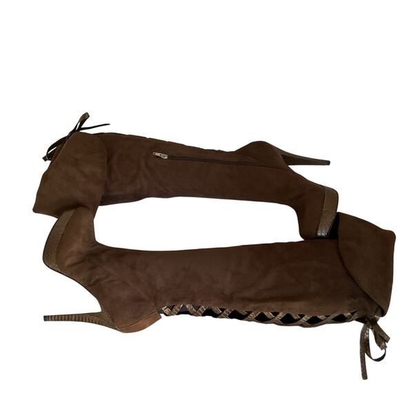 Bebe Brown Suede Over the Knee High Heel Boot with Back Lace-Up Festival Boho 8B - Picture 6 of 10
